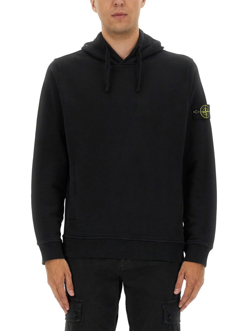 Stone Island Black Cotton Hoodie With Logo Patch