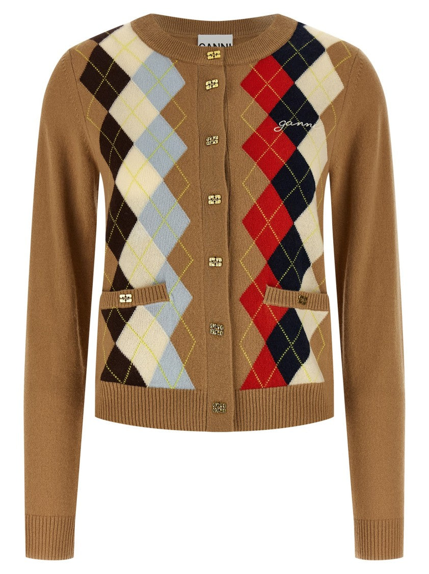 Ganni Diamond-Pattern Cashmere Blend Cardigan