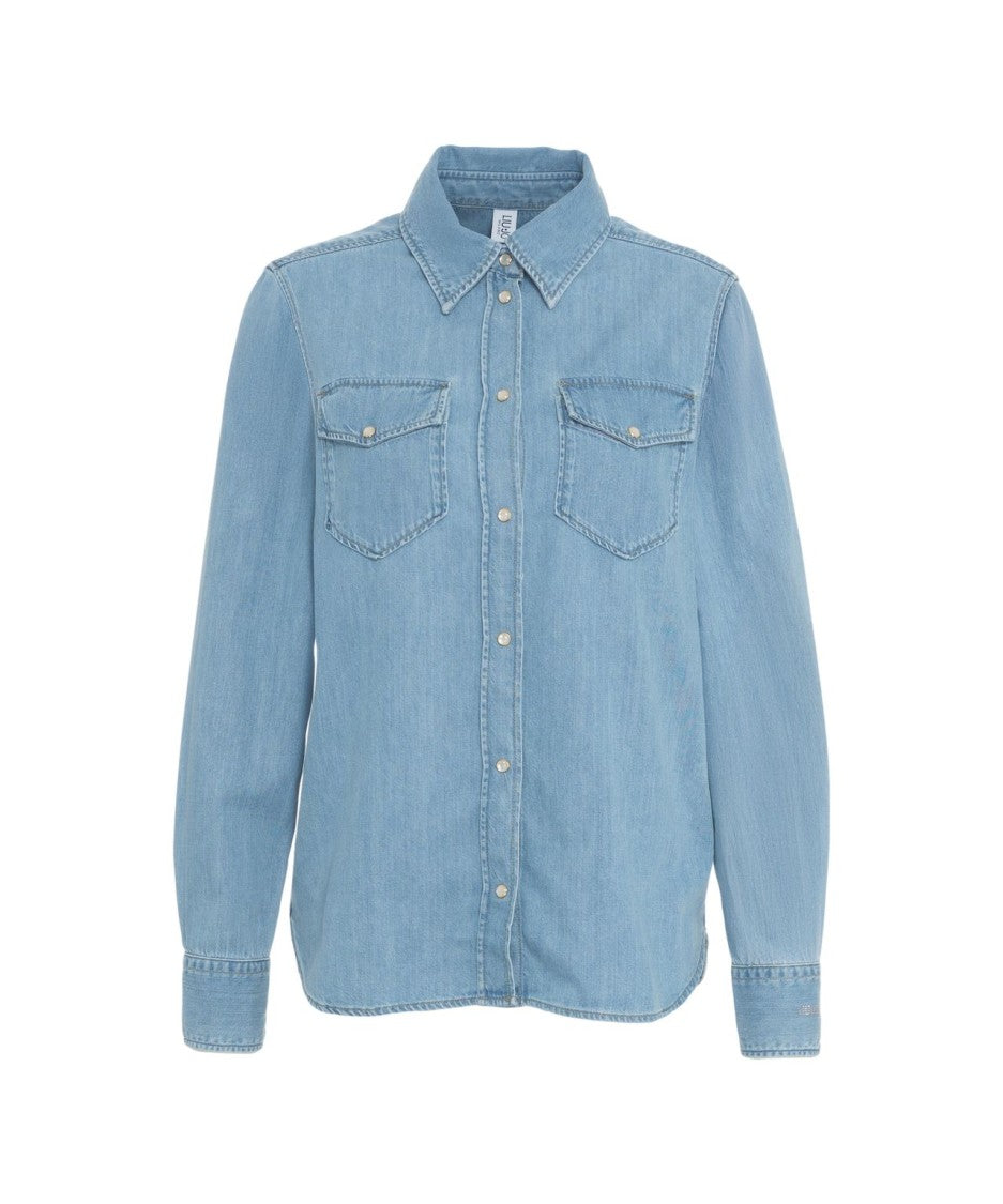 Liu Jo Kent Collar Denim Shirt With Rhinestone Applications