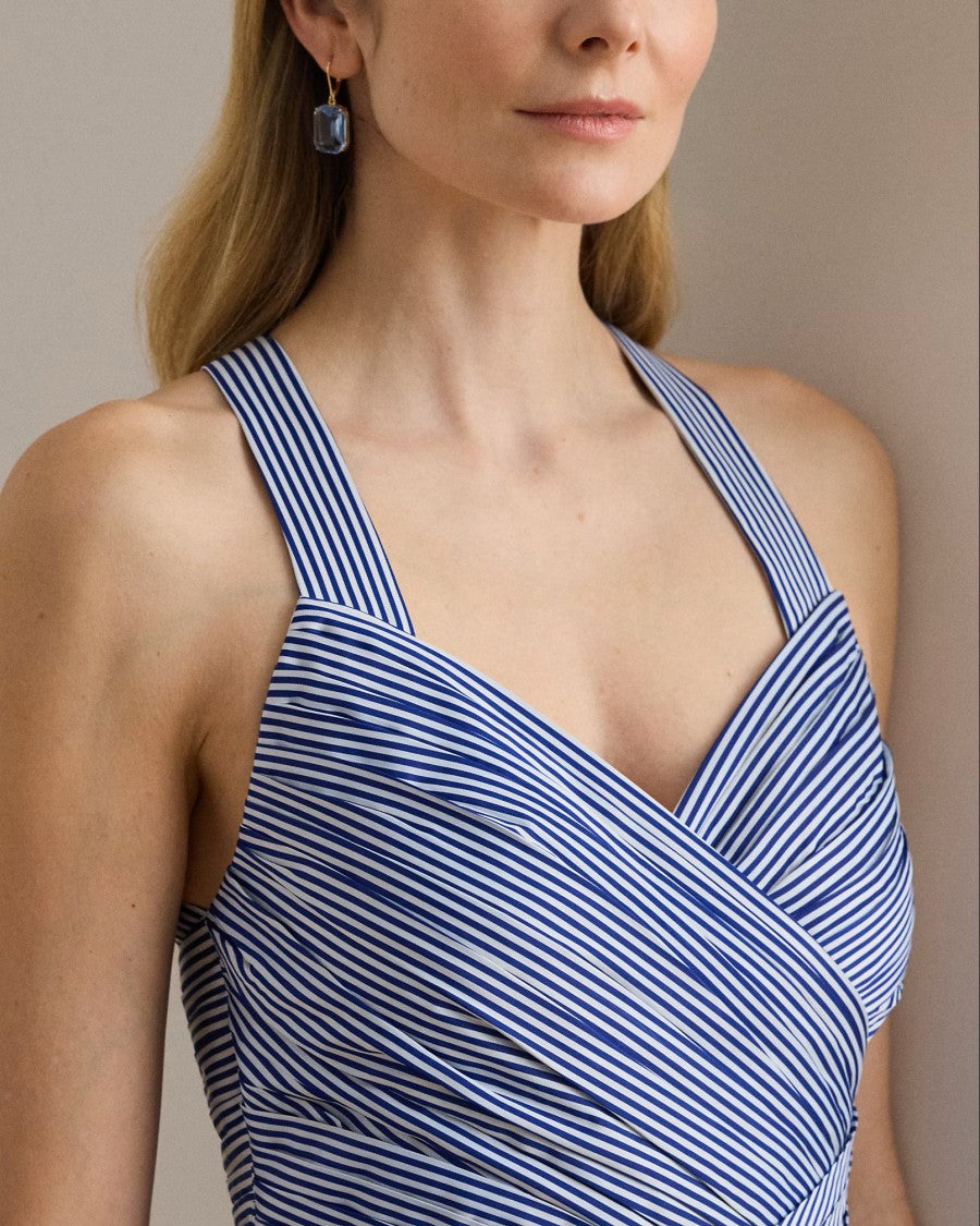 Lauren Ralph Lauren Navy Blue Woven Taffeta Evening Gown