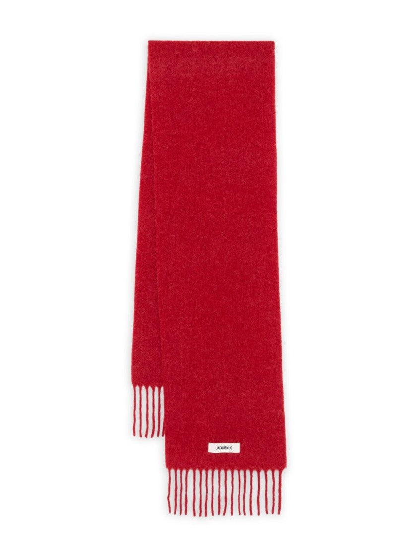 Jacquemus Red Knitted Logo Appliqué Fringed Scarf