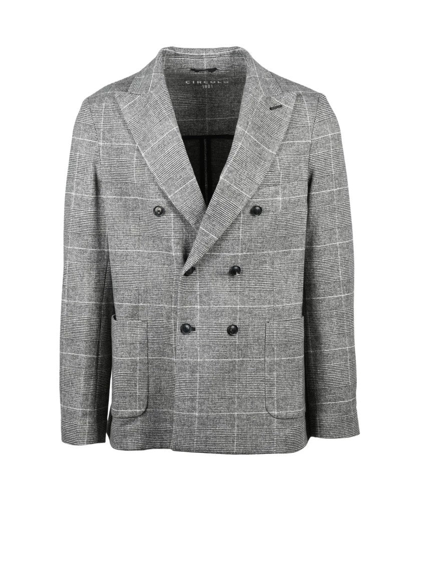 Circolo 1901 Double-Breasted Grey Checkered Jacket With Wide Lapels And Cropped Fit