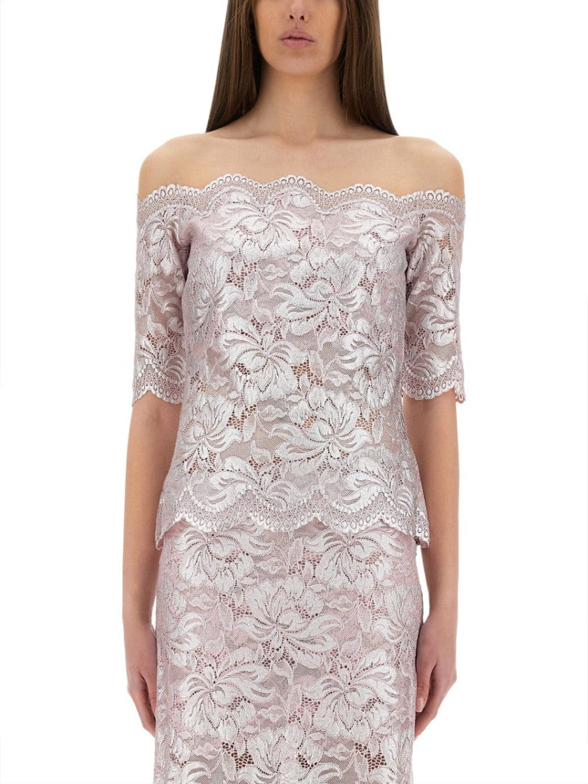 Rabanne Off-The-Shoulder Lace Top With Floral Patterns