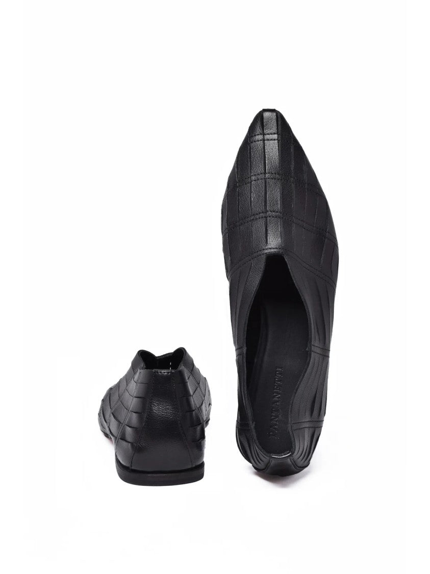 Pantanetti Black Checkered Embossed Pointed Leather Loafers