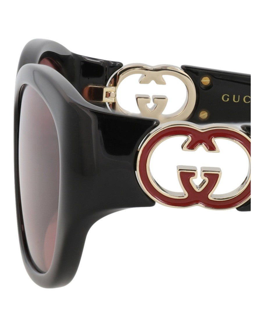 Gucci Round-Frame Injection Sunglasses With Gold And Red Logo Accent