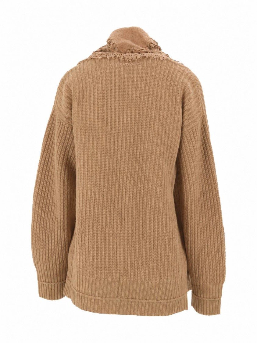 Ermanno Scervino Brown Lace-Trimmed Ribbed Knit Cardigan
