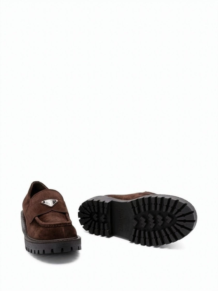 Prada Chunky Sole Dark Brown Suede Loafers With Triangular Emblem