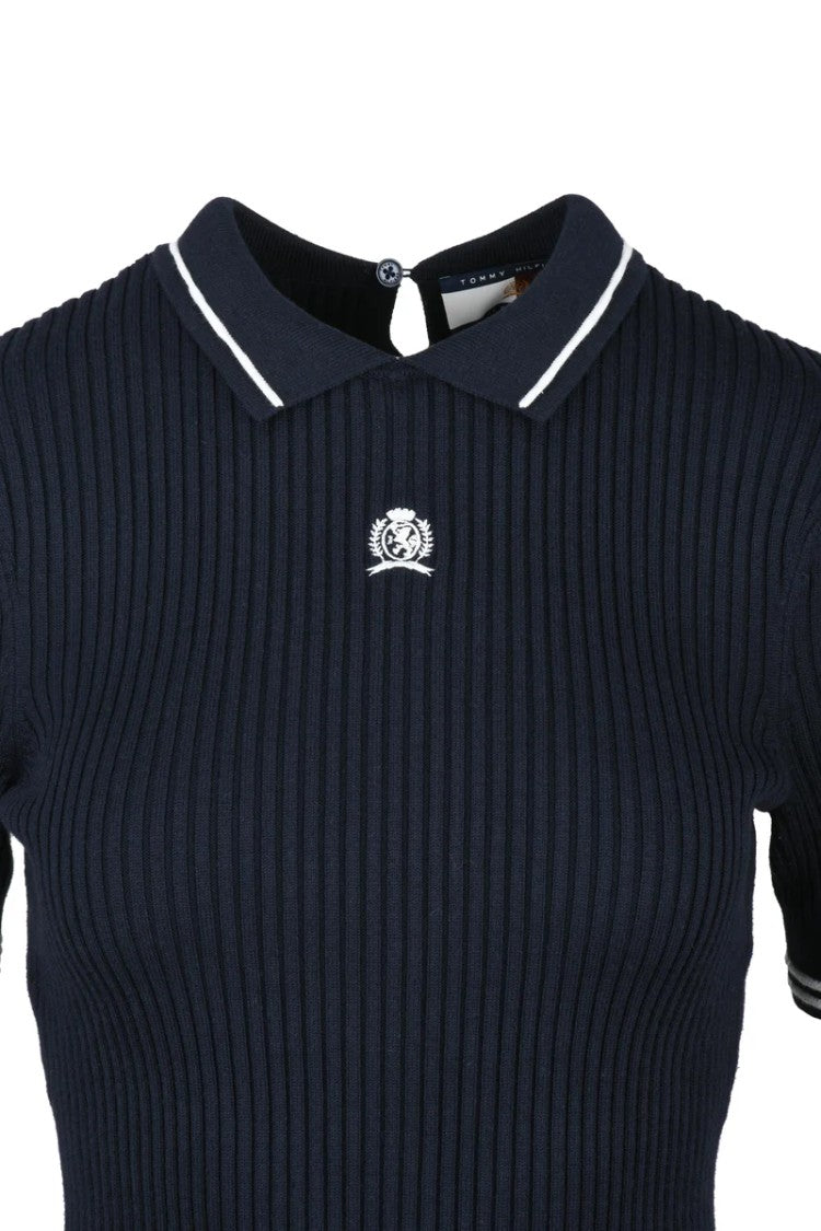 Tommy Hilfiger Navy Blue Ribbed Knit Cotton Viscose Polyamide Silk Top
