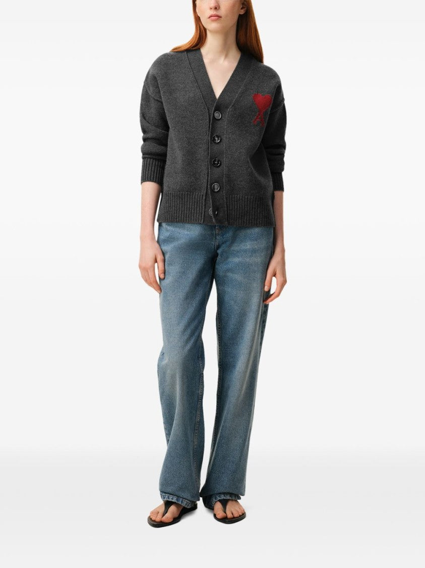 Ami Paris Dark Grey Cardigan Sweater With Iconic Heart Embroidery
