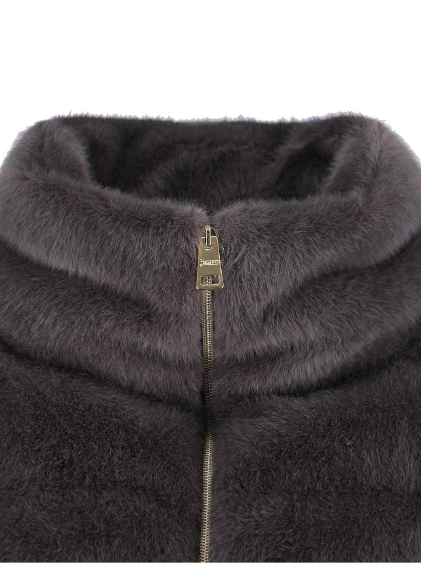 Herno Quilted High-Collar Grey Faux Fur Coat