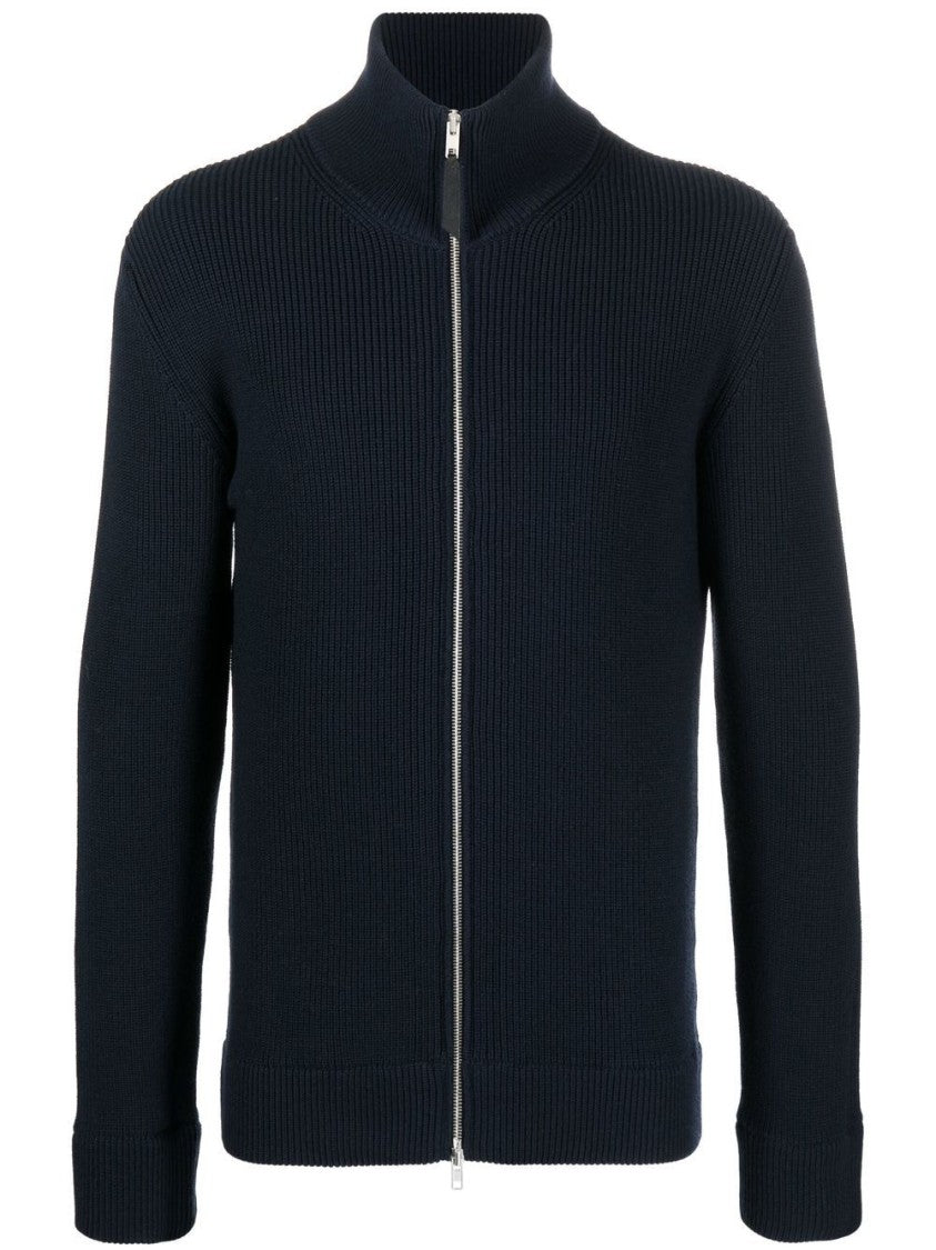 Maison Margiela Navy Blue Ribbed Cardigan With High Neck