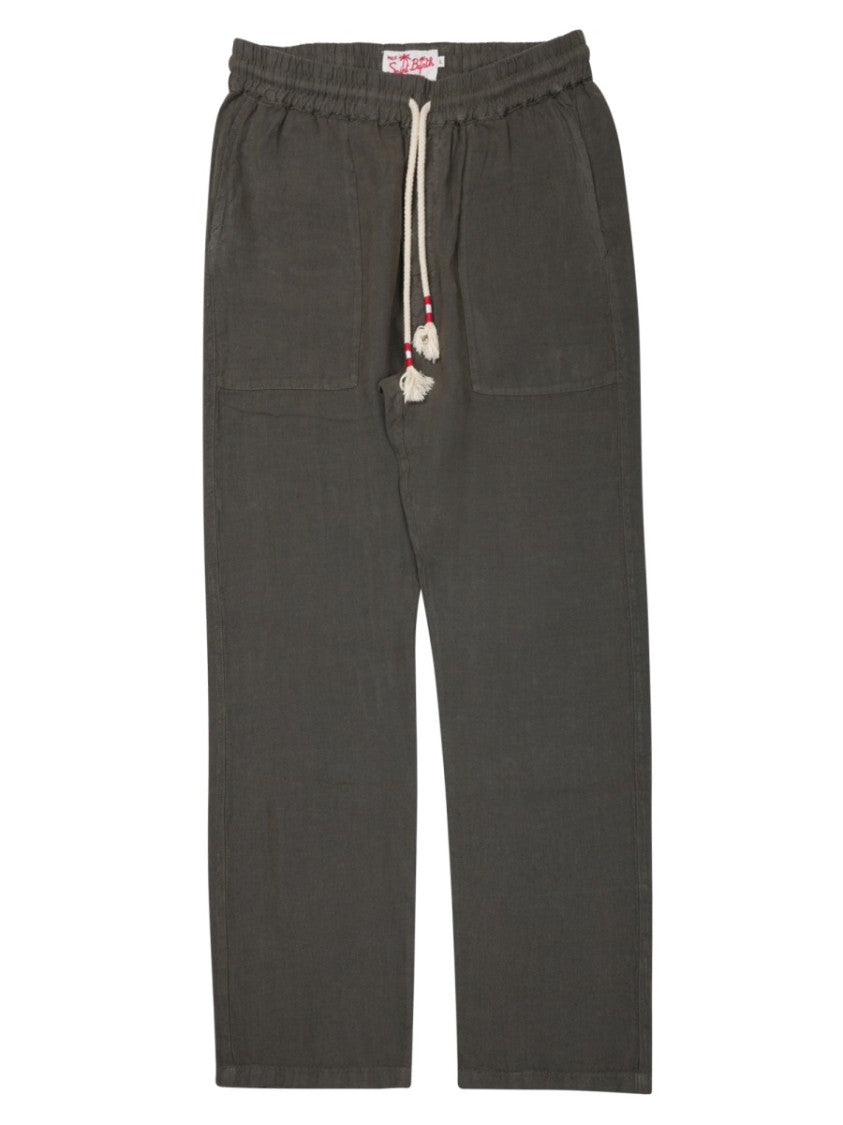 Mc2 Saint Barth Relaxed Fit Green Linen Trousers With Adjustable Drawstring Waist