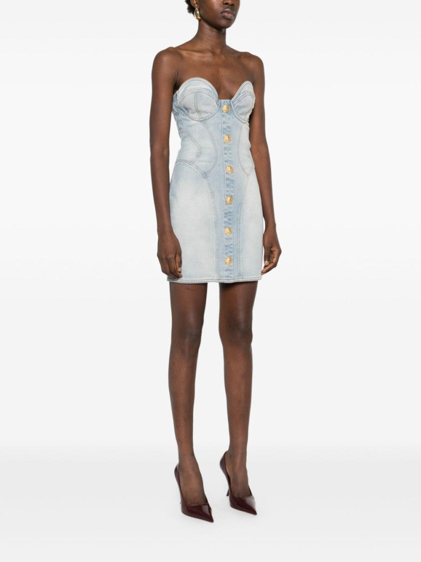 Balmain Light Blue Strapless Sweetheart Neck Dress