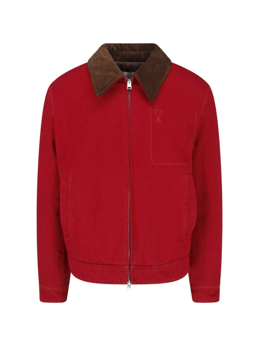 Ami Paris Red Cotton Classic Corduroy Collar Zip Jacket