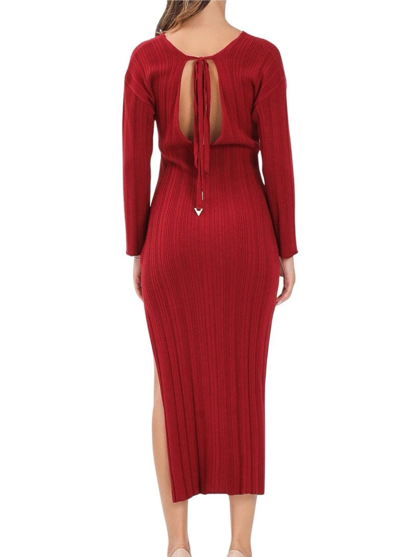 Akep Ribbed Knit Midi Dress With Asymmetrical Hem And Open Back