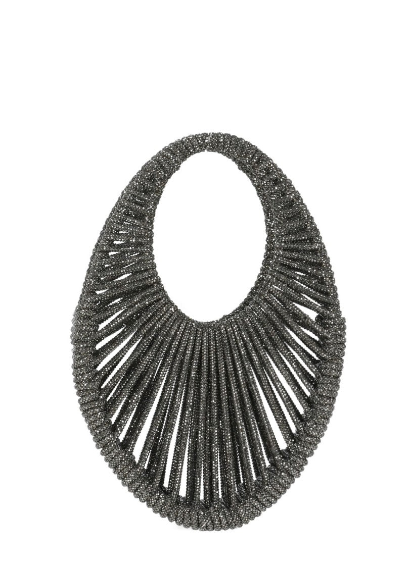 Hibourama Oval-Shaped Grey Hibourama Jewelry Bag With Woven Crystal Design