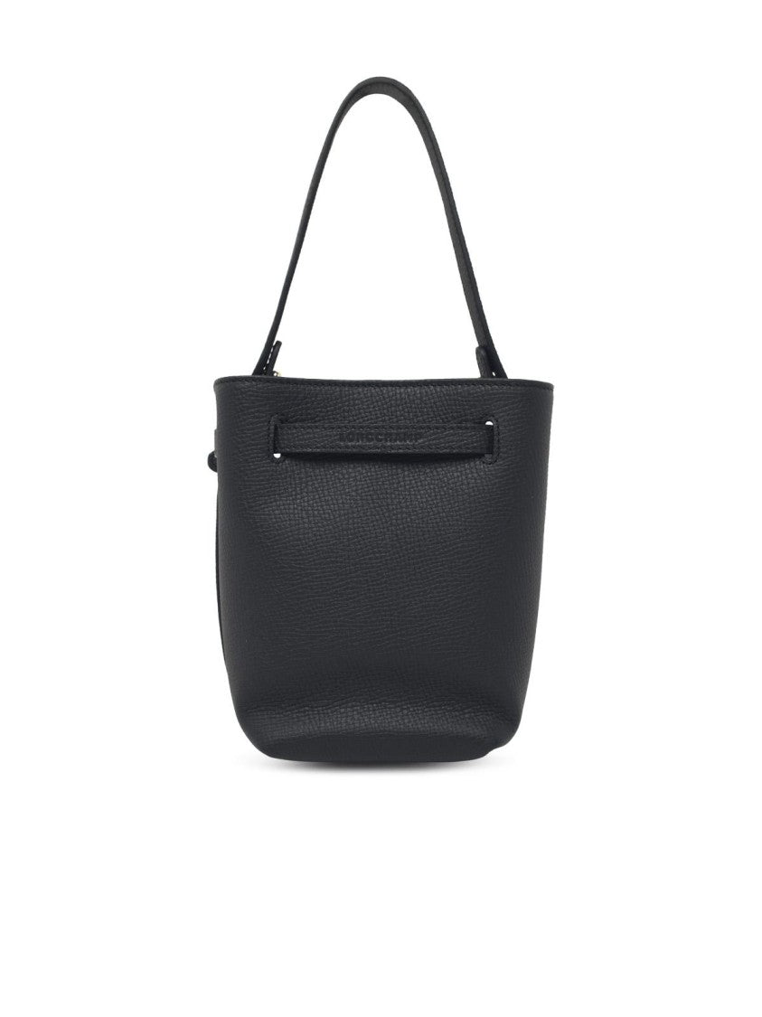 Longchamp Grainy Black Leather Bucket Bag With Removable Handle And Bamboo Buckle