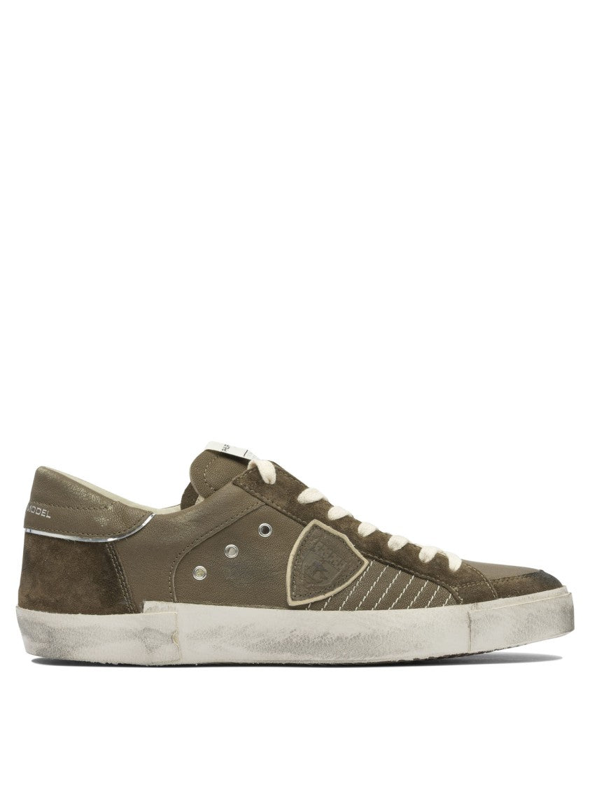 Philippe Model Paris Distressed Olive Green Leather And Suede Sneakers
