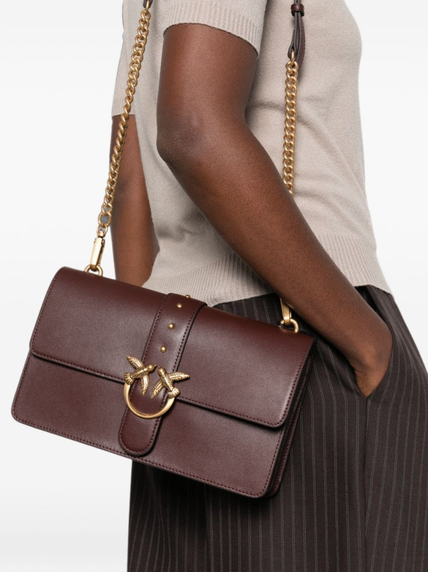 Pinko Brown Bird Buckle Leather Tote Bag