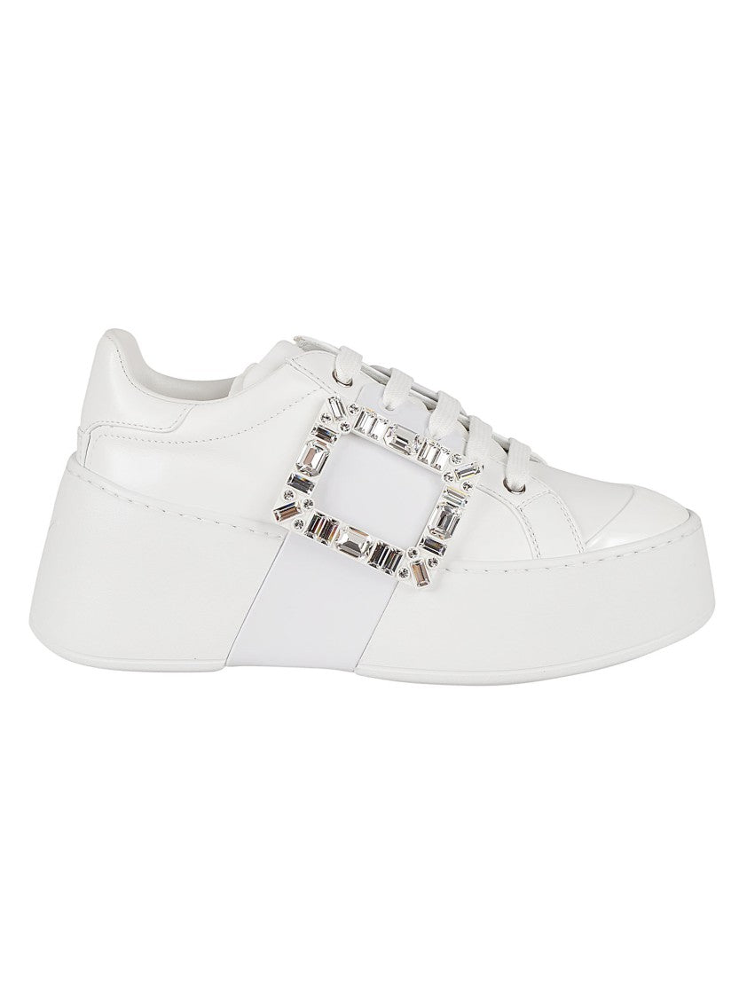 Roger Vivier White Leather Sneakers With Crystal-Embellished Buckle