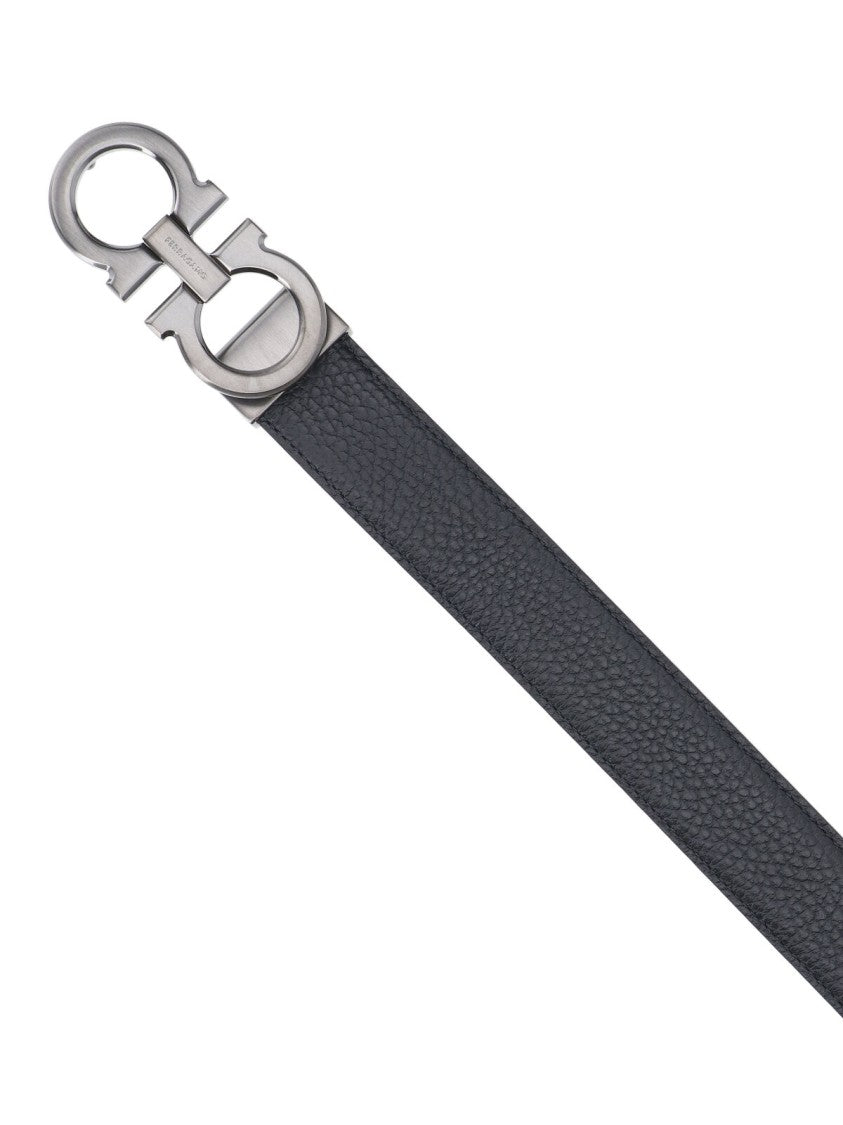 Ferragamo Reversible "Gancini" Belt In Black Calfskin On One Side