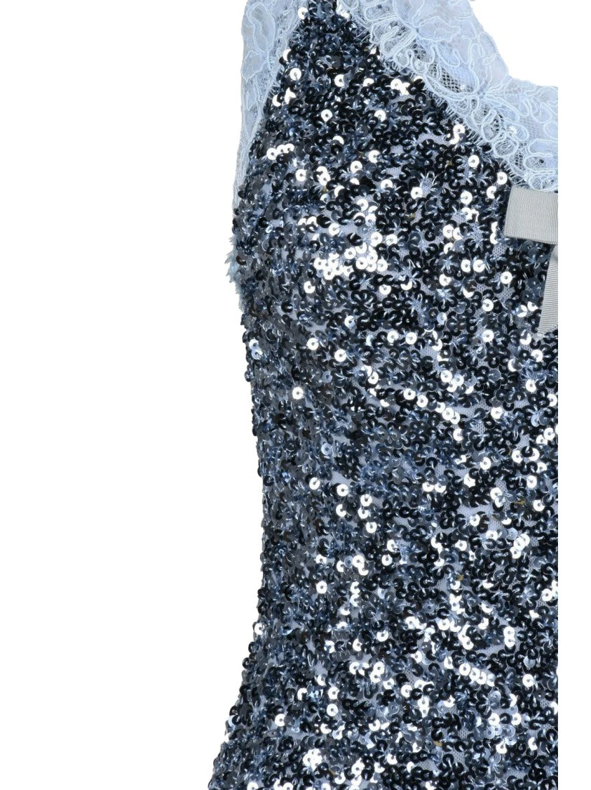 Elisabetta Franchi Silver/Light Blue Sequin Zip Long Dress
