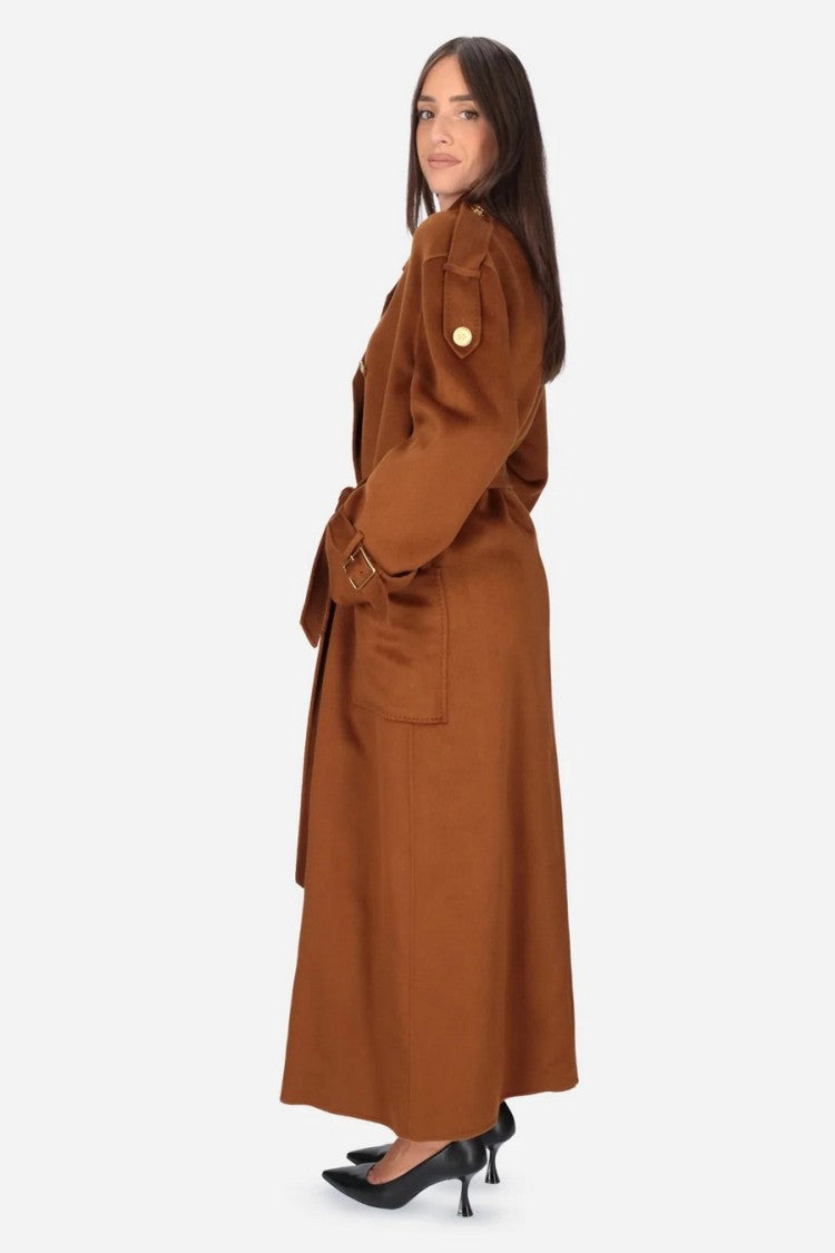 Elisabetta Franchi Cognac Double-Breasted Belted Wool Trench Coat