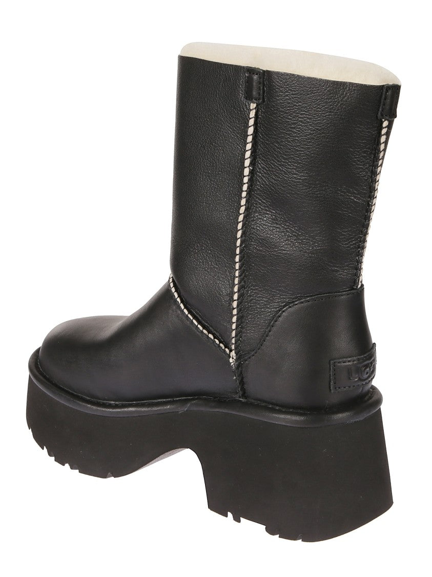 Ugg Fur-Trimmed Black Leather Platform Boots With Block Heel