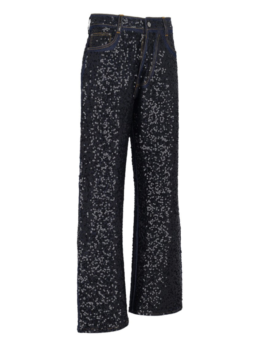 Parosh "Guff" Sequin Straight Jeans In Black Stretch Denim
