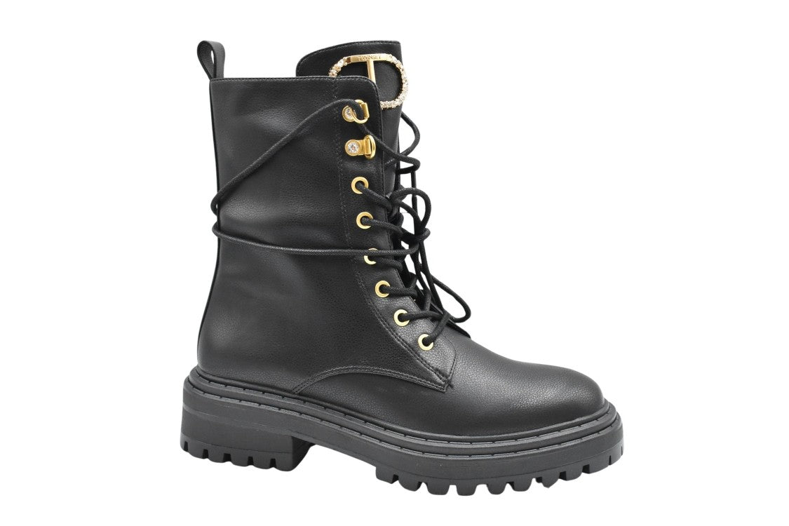 Twin-Set Laced Black Leather Boots With Gold Eyelets
