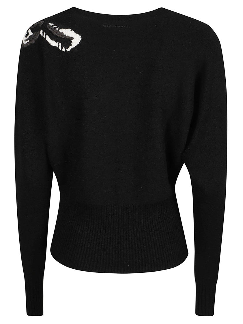 Ermanno Firenze Fitted Round Neck Sweater With Floral Applique Detail