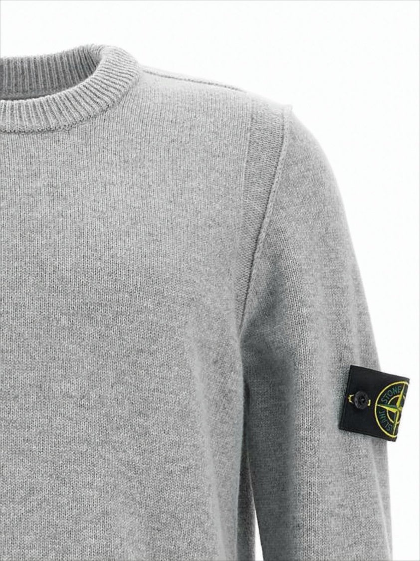 Stone Island Classic Crew Neck Grey Knitwear Sweater With Compass Patch