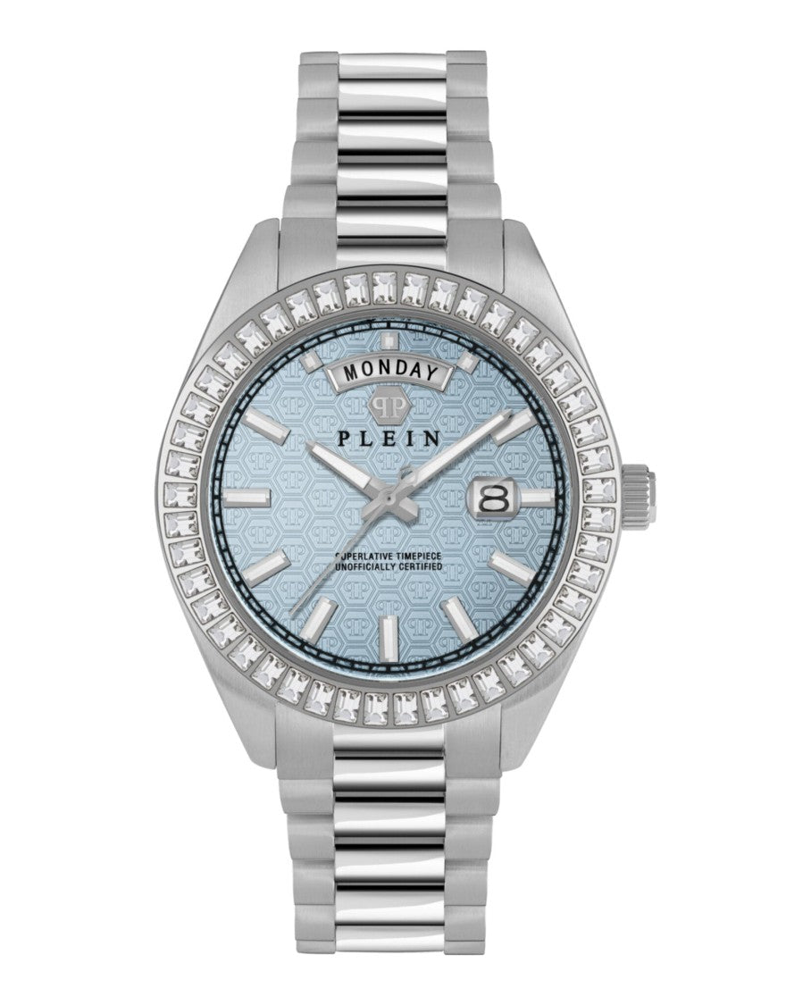 Philipp Plein Date Superlative Crystal Watch With Blue Guilloche Dial