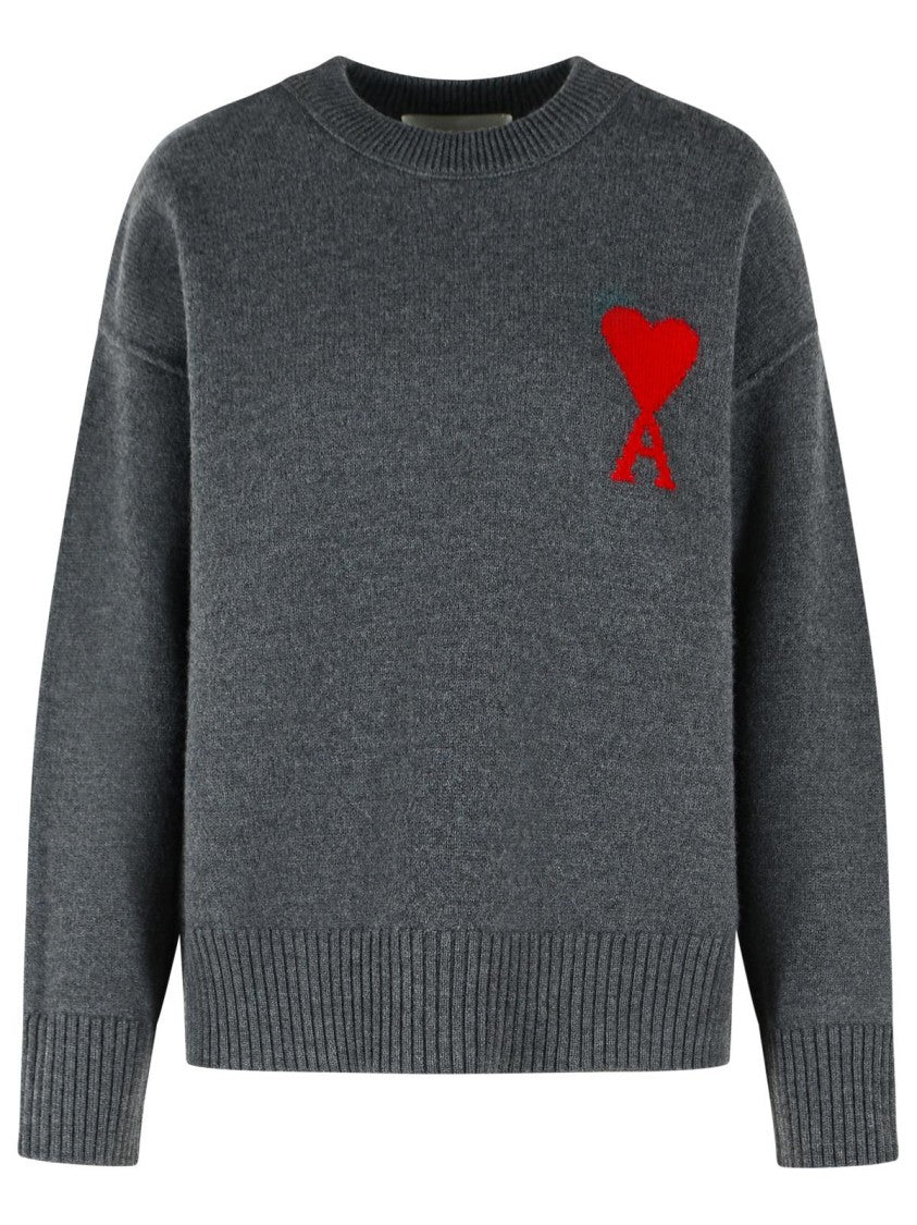 Ami Paris Grey Ami De Cœur Round-Neck Wool Sweater