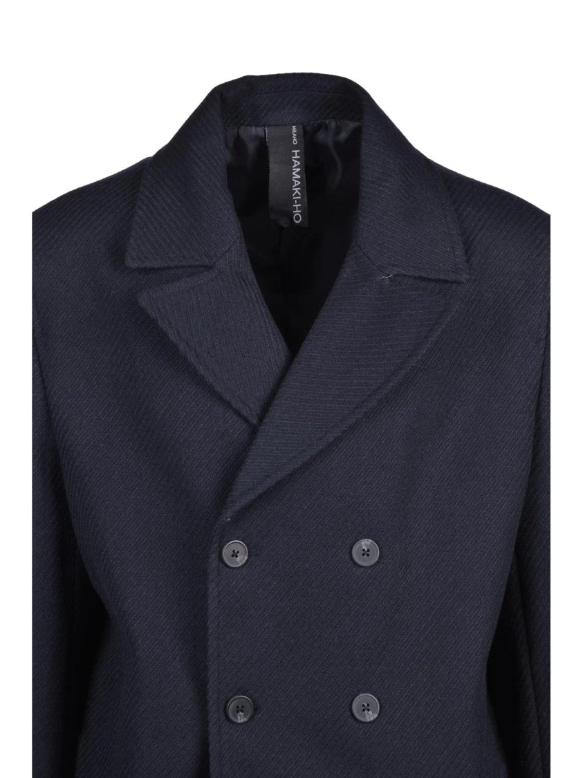 Hamaki-Ho Double-Breasted Navy Peacoat With Textured Fabric Blend