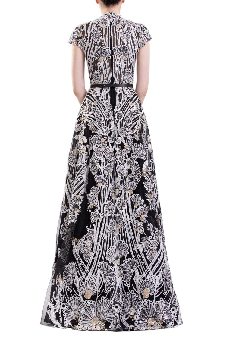 Saiid Kobeisy Jet-Black Fully Embellished Embroidered Tulle A-Line Dress