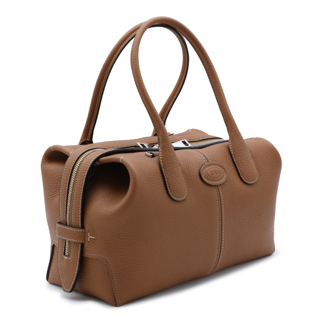 Tod's Top Handle Logo Emblem Shoulder Bag Zip Closure Leather - Brown