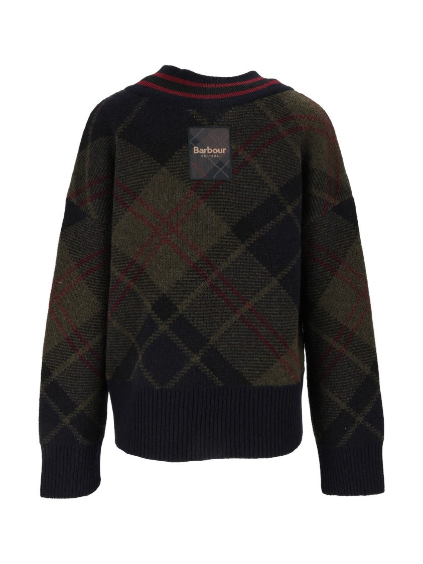 Barbour Tartan Pattern Knitted Jumper With V-Neckline And Ribbed Trim