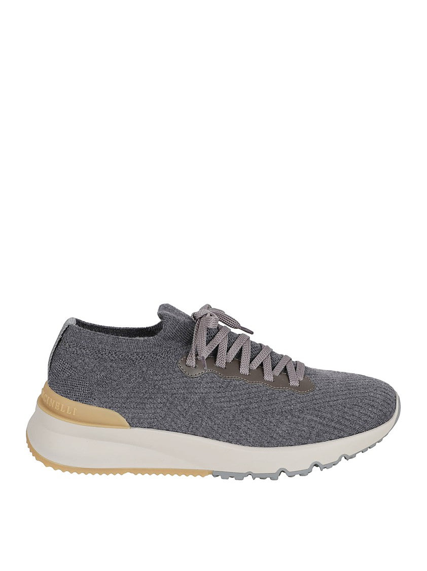 Brunello Cucinelli Taupe Wool Knit Runners With Semi-Gloss Calfskin Accents