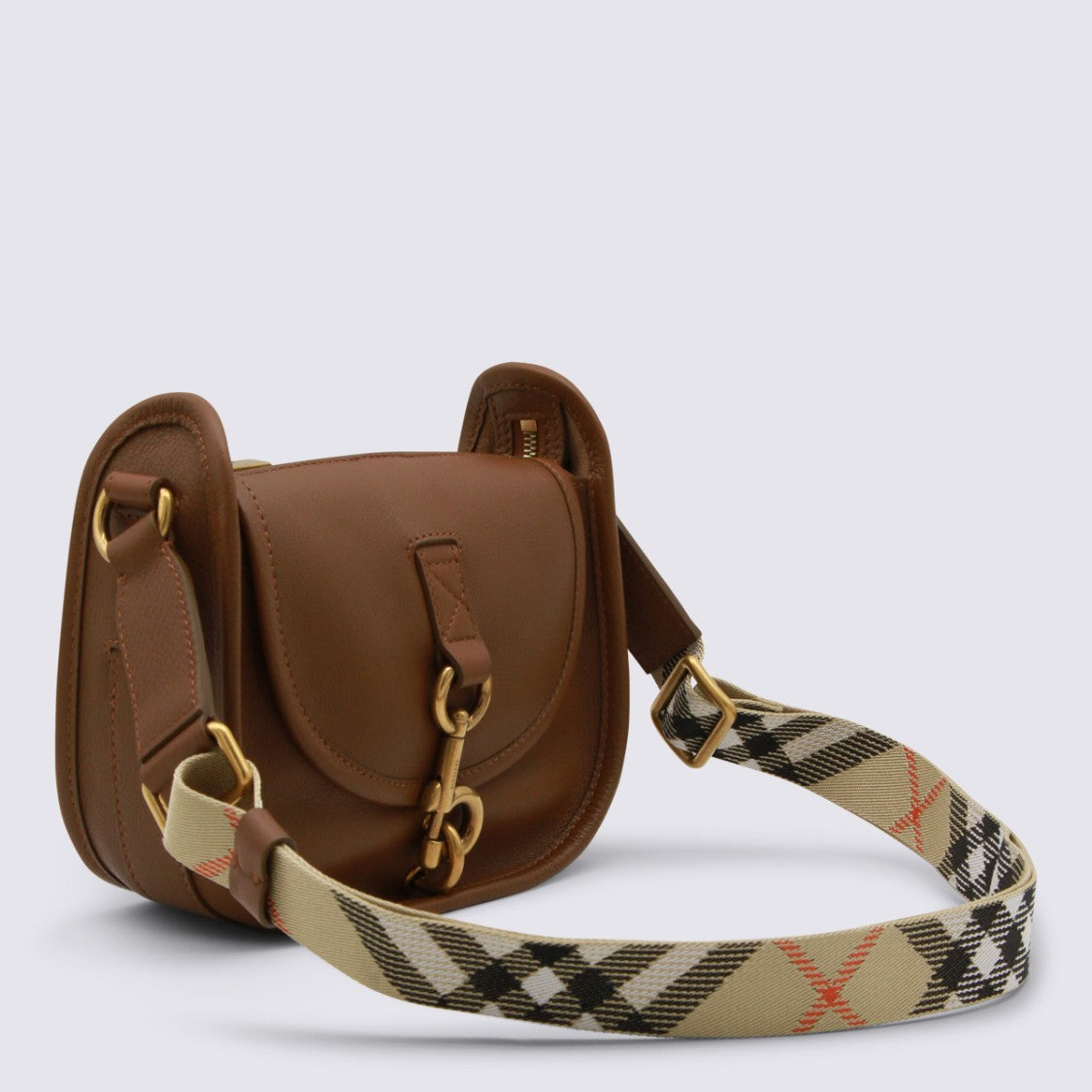 Burberry Structured Saddle Bag With Gold-Tone Clasp And Check Pattern Strap
