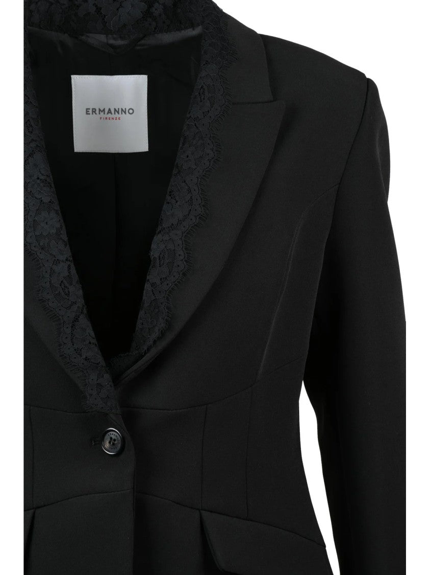 Ermanno Firenze Tailored Fitted Jacket With Lace-Trimmed Lapel And Elegant Detailing