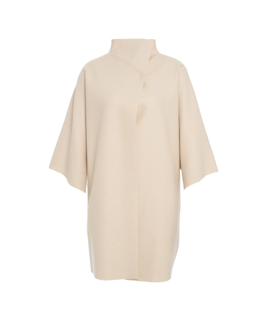 Harris Wharf London Beige Virgin Wool Coat With High Collar And Three-Quarter Sleeves