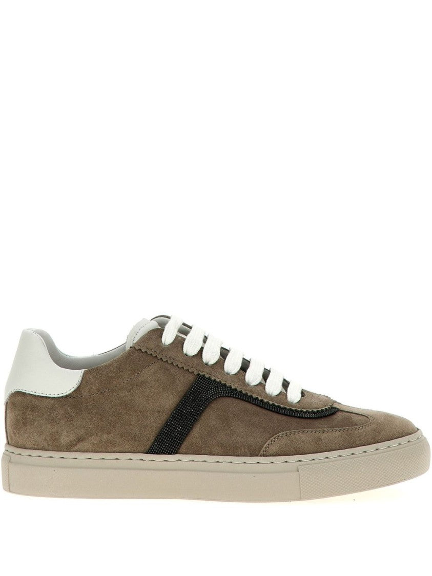 Brunello Cucinelli Light Brown Suede Lace-Up Sneakers With Contrasting Heel Counter