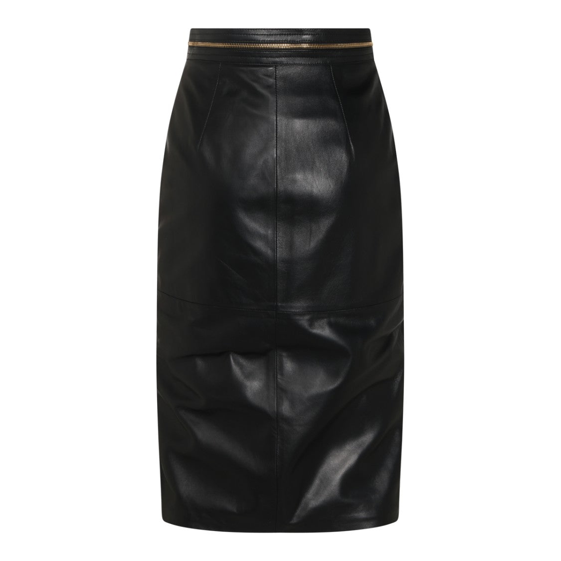 Elisabetta Franchi Knee-Length Black Leather Skirt With Gold Zipper Accents
