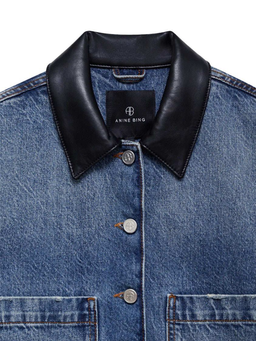 Anine Bing Cropped Denim Jacket With Leather Collar And Boxy Silhouette