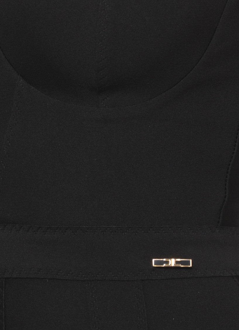 Elisabetta Franchi Heart-Neckline Fitted Black Midi Dress With Gold Logo Pin