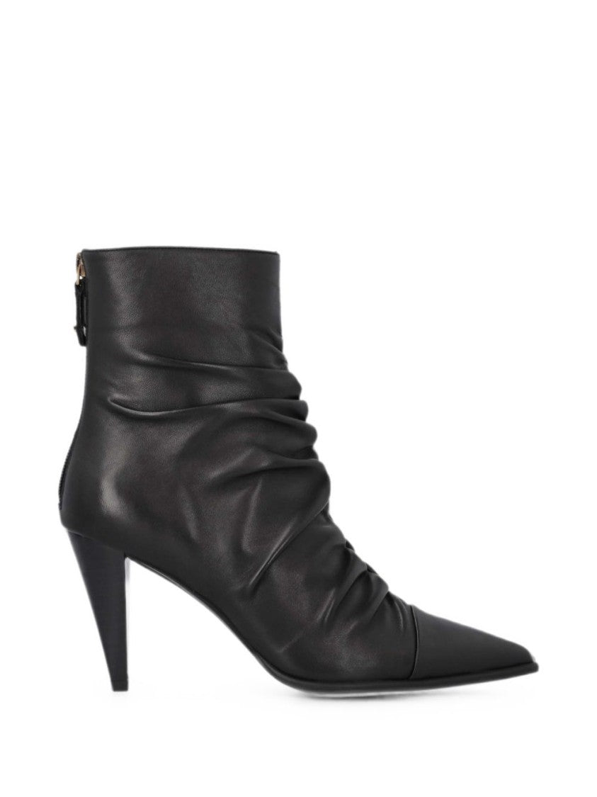 Pinko Ruched Leather Pointed-Toe Ankle Boots