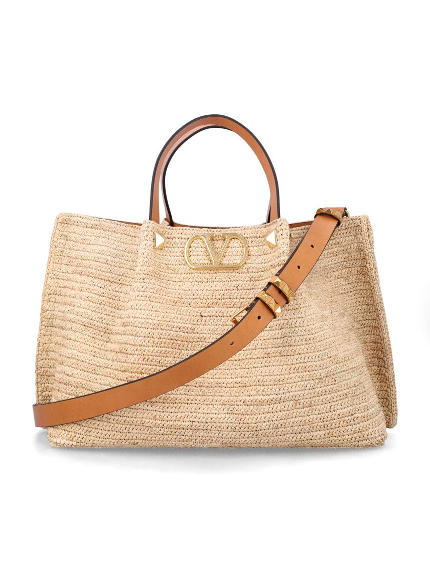 Valentino Garavani Structured Raffia Tote Bag With Iconic Vlogo Signature
