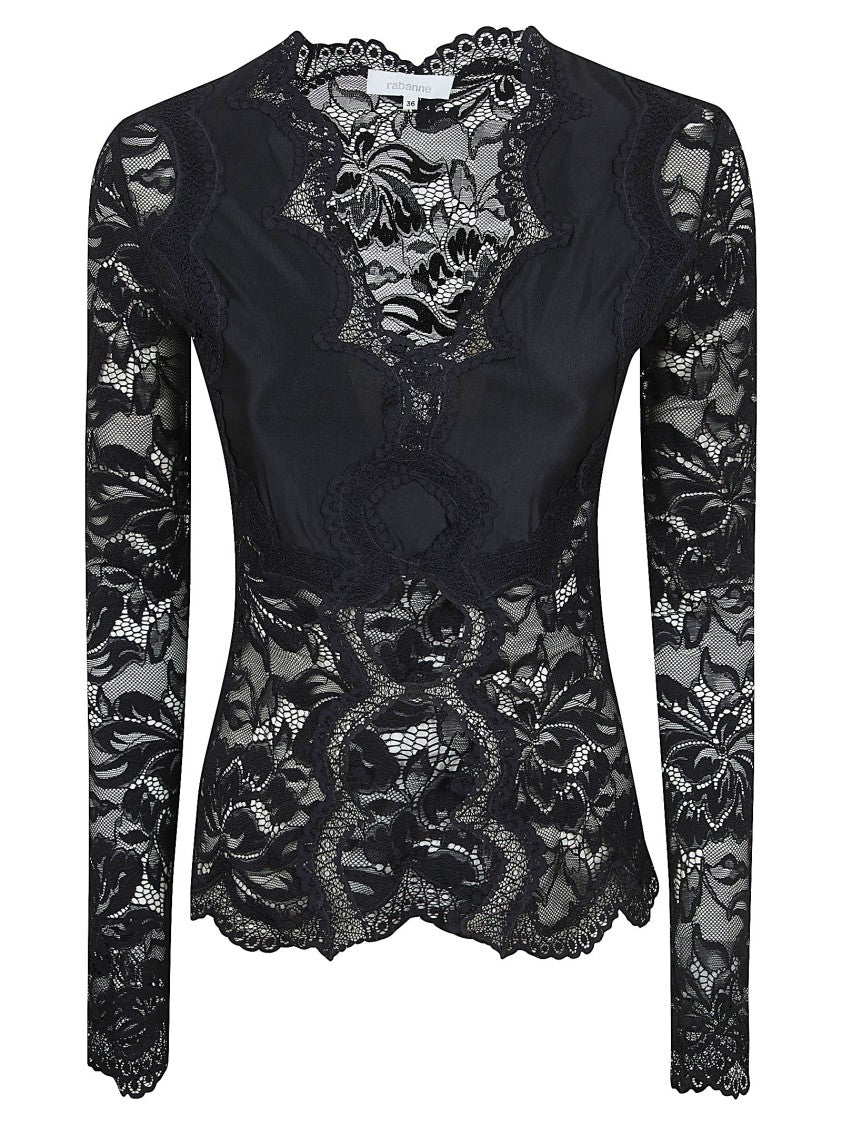 Paco Rabanne Long-Sleeved V-Neck Top With Scalloped Lace Edges