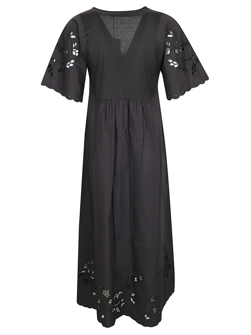 Max Mara V-Neck Dress With Scalloped Sleeves And Floral Embroidery